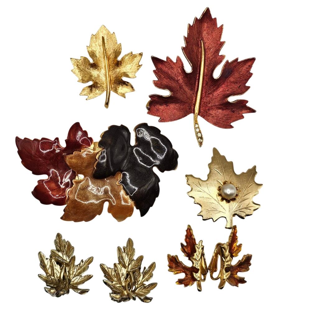 Vintage Brooch Bundle Clip On Earrings Fall Autumn Leaves Costume Jewelry